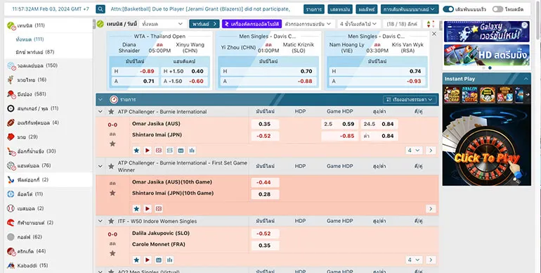 ตัวอย่างรายละเอียดการเล่นพนันกีฬาเทนนิส ใน SABA Sports